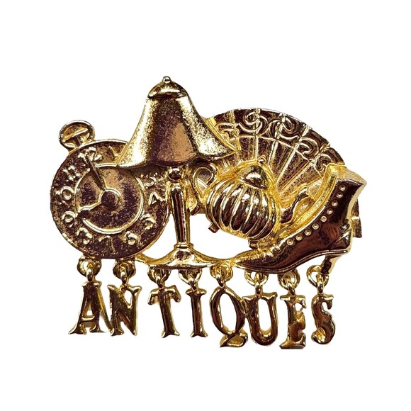 Vintage AJC Antiques Brooch Pin Gold Tone Spell Out Letter Charms 2.25 in. Long - Picture 3 of 9
